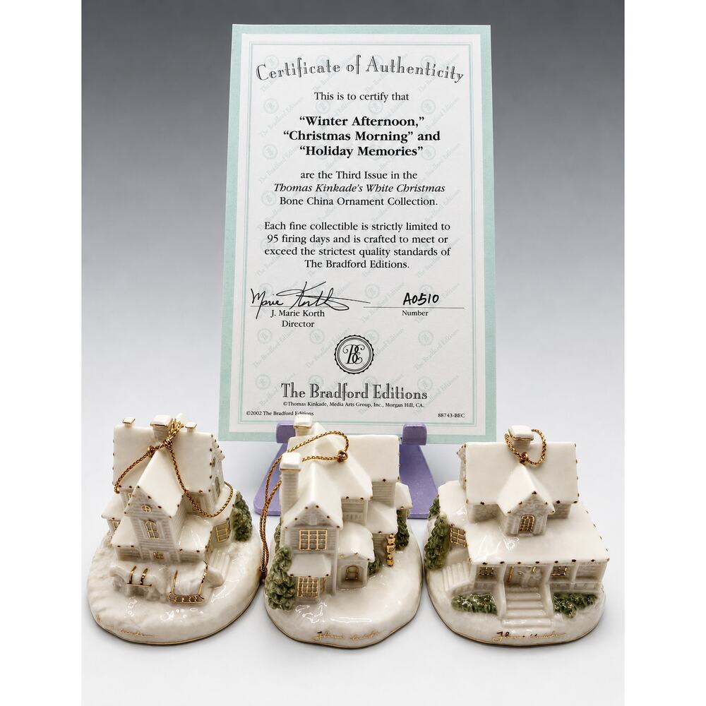 Thomas Kinkade White Christmas Fourth Issue 2002 Set of 3 Bradford COA NIB